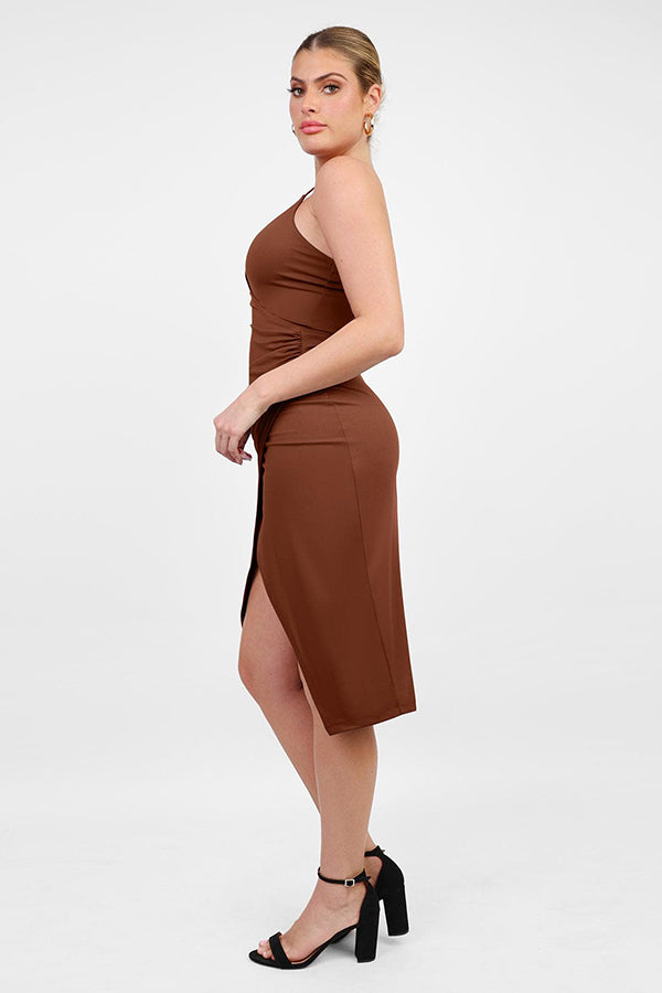 Built-In Shapewear Slip V-Neck Split Midi Dress