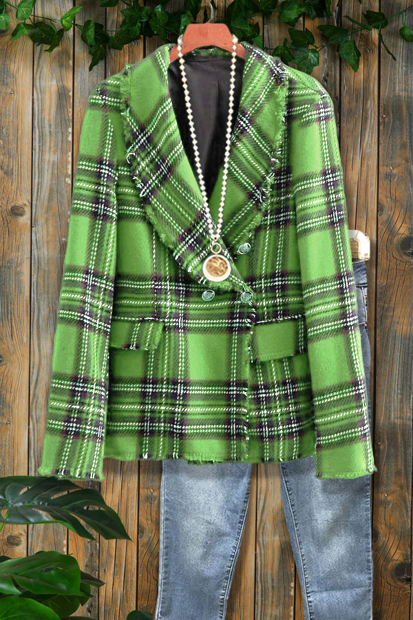 Vintage Plaid Frayed Button Coat