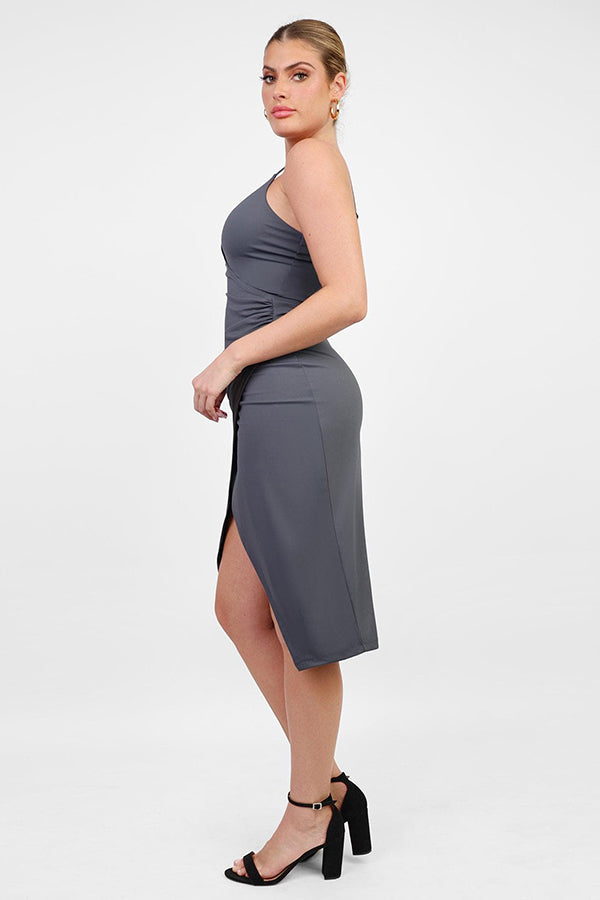 Built-In Shapewear Slip V-Neck Split Midi Dress