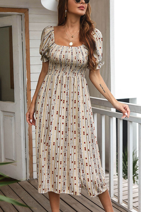 Grey Blue Summer New Print Bubble Sleeve Dress