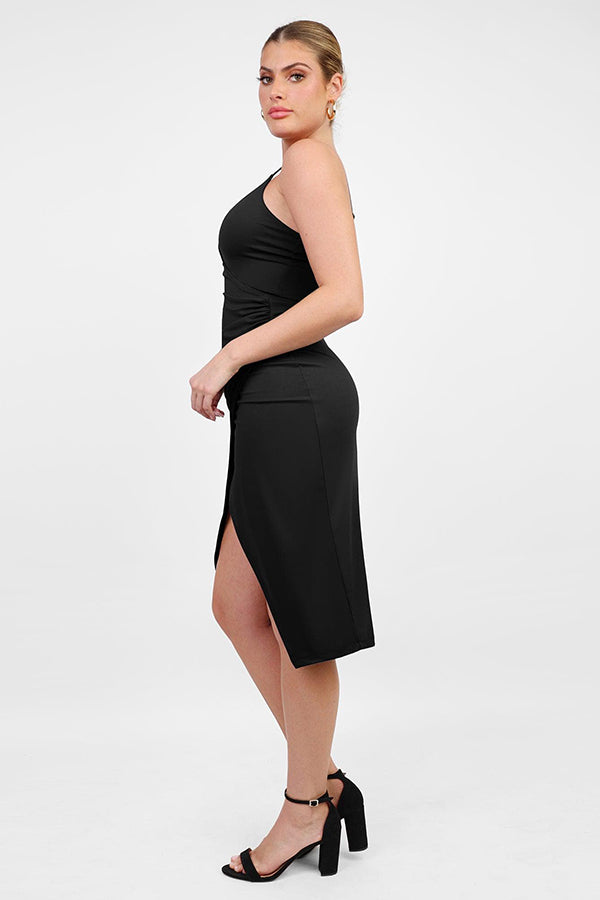 Built-In Shapewear Slip V-Neck Split Midi Dress