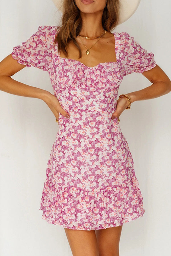 Square Neck Short Sleeve Small Floral Sexy Slim Dress