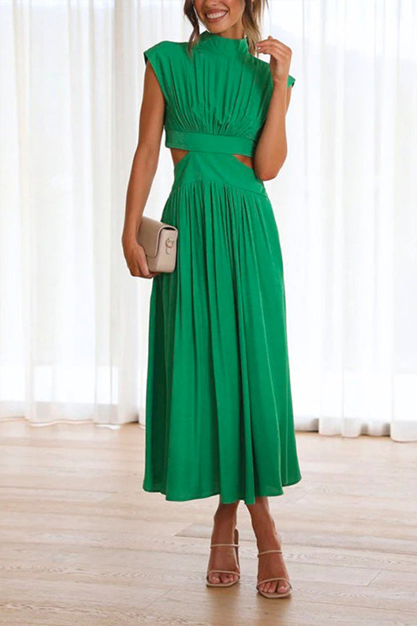 Solid Mockneck Cut Out Maxi A-line Swing Dress