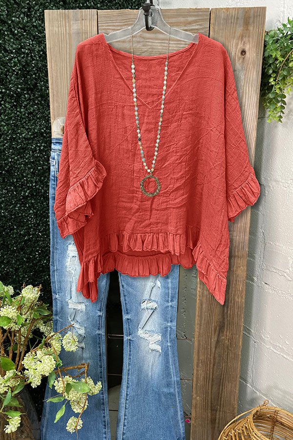 Loose Ruffled Pleated V-neck Blouse