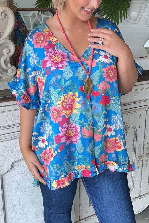 Romantic Floral Comfort Top - Ruffle Sleeves