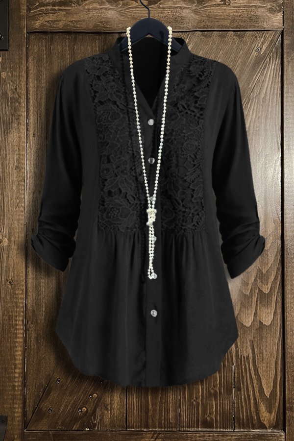 Lace Panel V-neck Long Sleeve Shirt