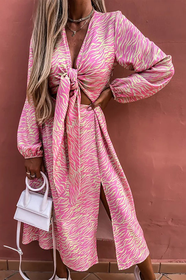 Printed Long Sleeve Loose Casual Slit Midi Dress