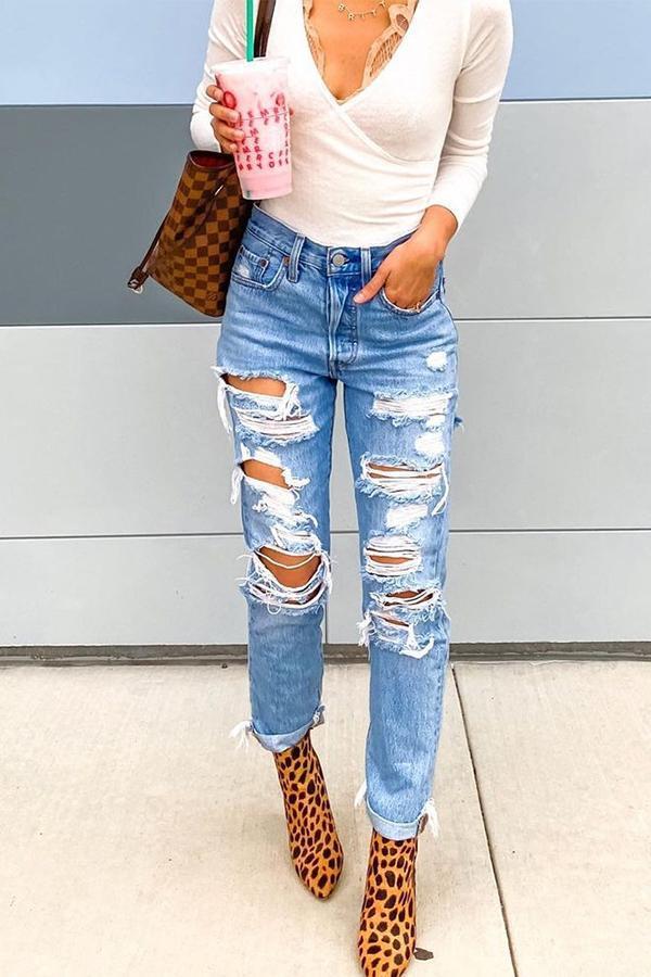 Tailored Low Waist Hole Jeans