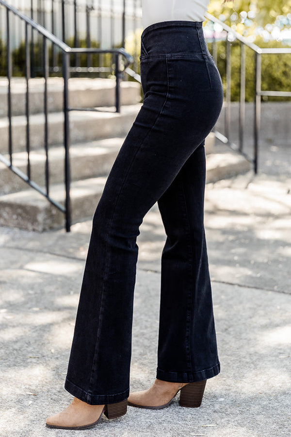 CROSS WAISTBAND BLACK FLARE JEANS