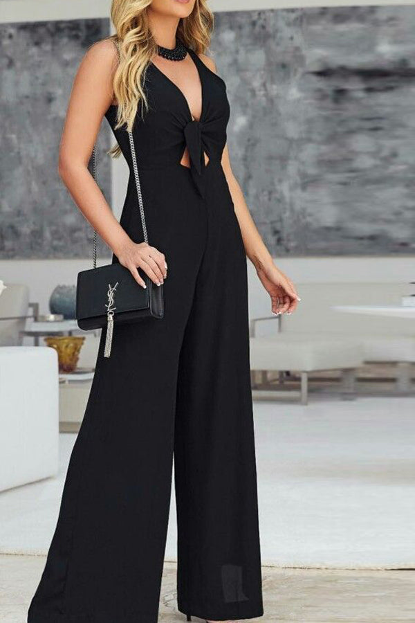 Chiffon V-Neck Jumpsuit Mid-Rise Temperament Commuter Trousers