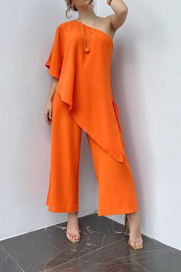 Loose Solid Color Sexy Sloping Shoulder Jumpsuit