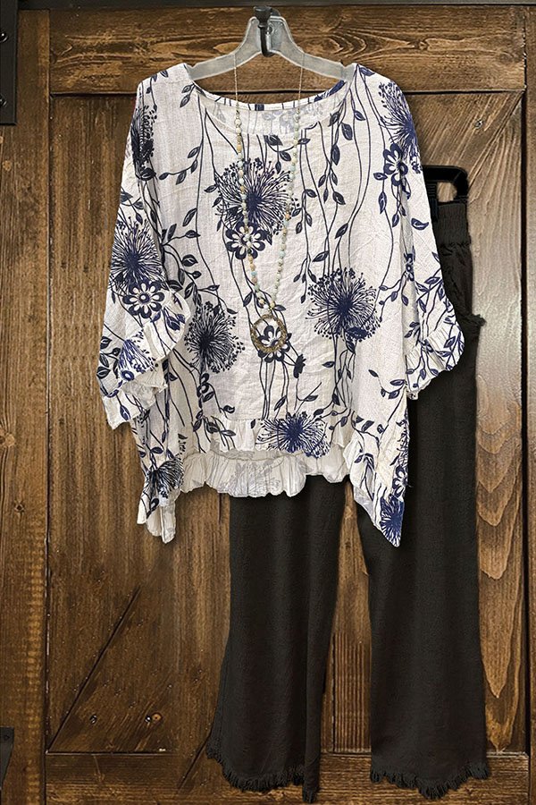 Loose Printed Ruffled Crinkled Blouse