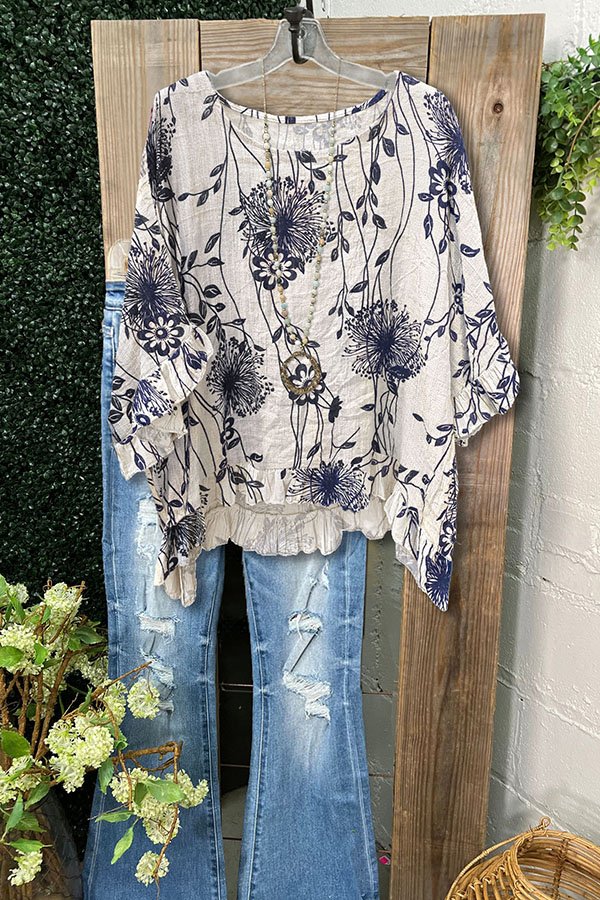 Loose Printed Ruffled Crinkled Blouse