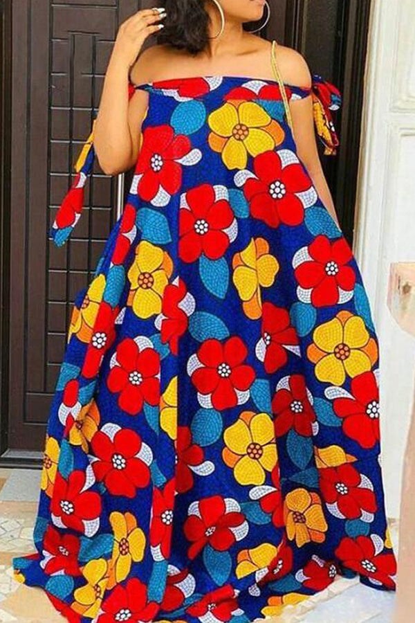 Robe longue sexy à bretelles florales style bohème à épaules dénudées