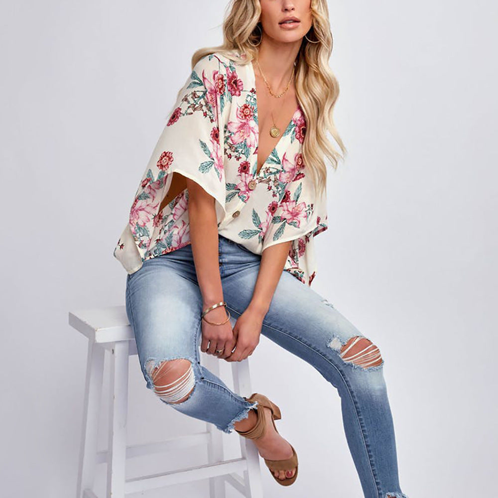 Printed Cardigan Doll Sleeve Casual Loose Shirt