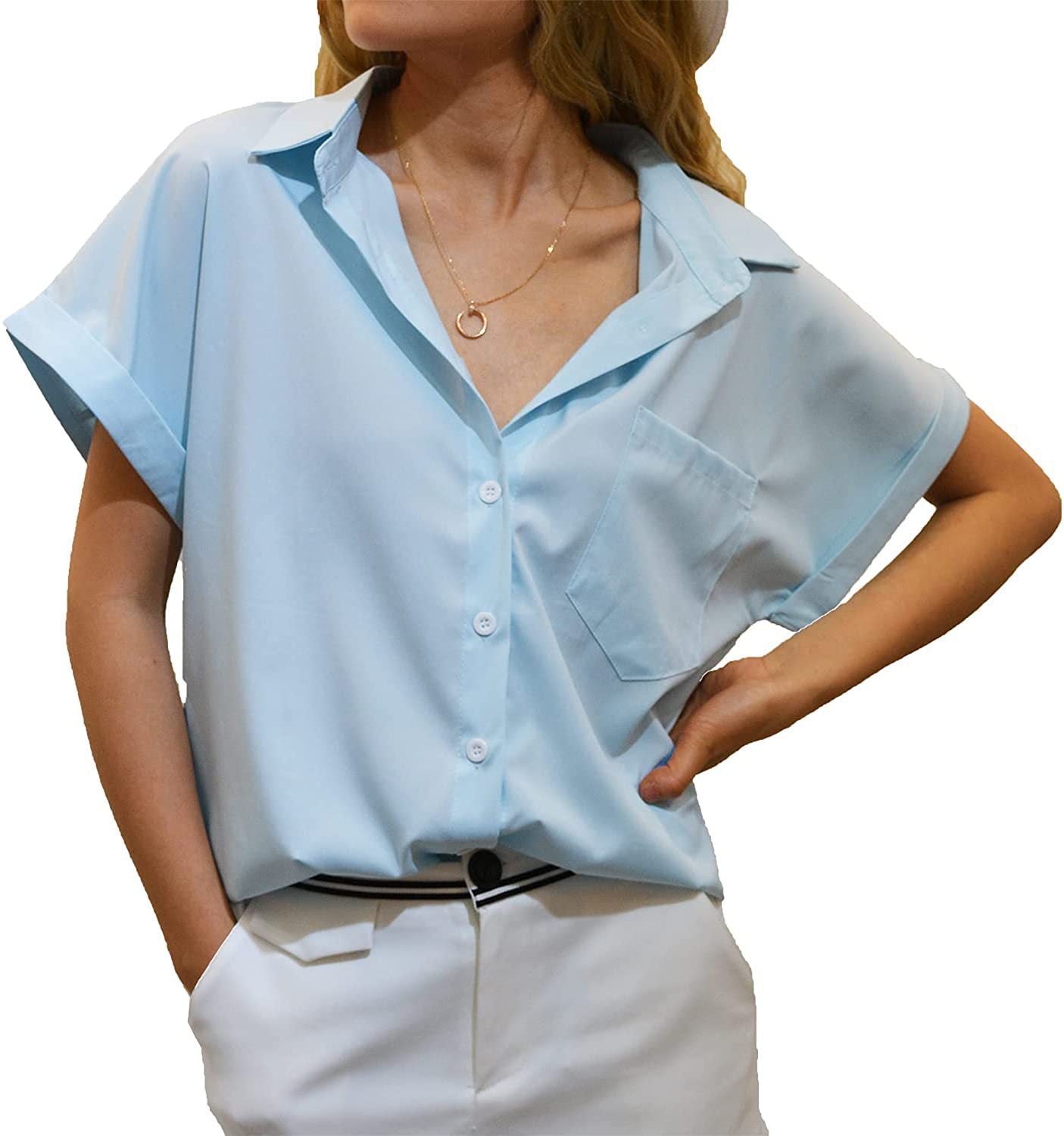 Women's Short-sleeved T-shirt V-neck Button-up Blouse