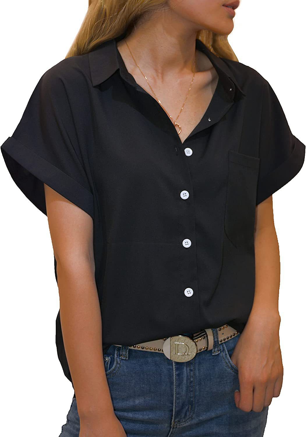 Women's Short-sleeved T-shirt V-neck Button-up Blouse