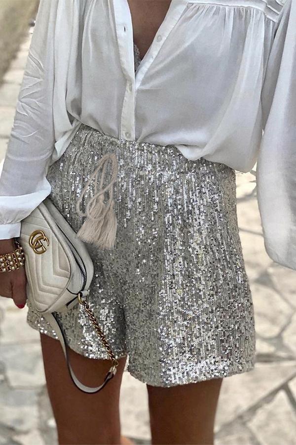 Casual Waist Loose Sequined Shorts