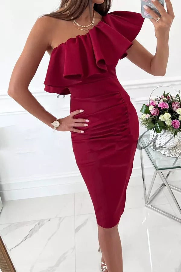 Lady of The Evening Ruffle Neck Ruched Dress