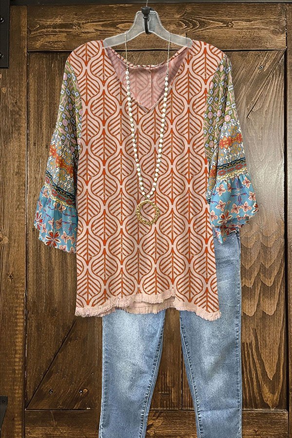 Casual Graphic-print Paneled Frayed V-neck Top