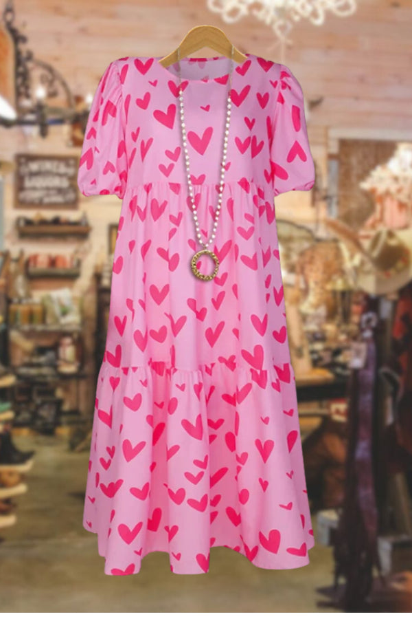 Sweetie Heart Print Puff Sleeve Midi Dress