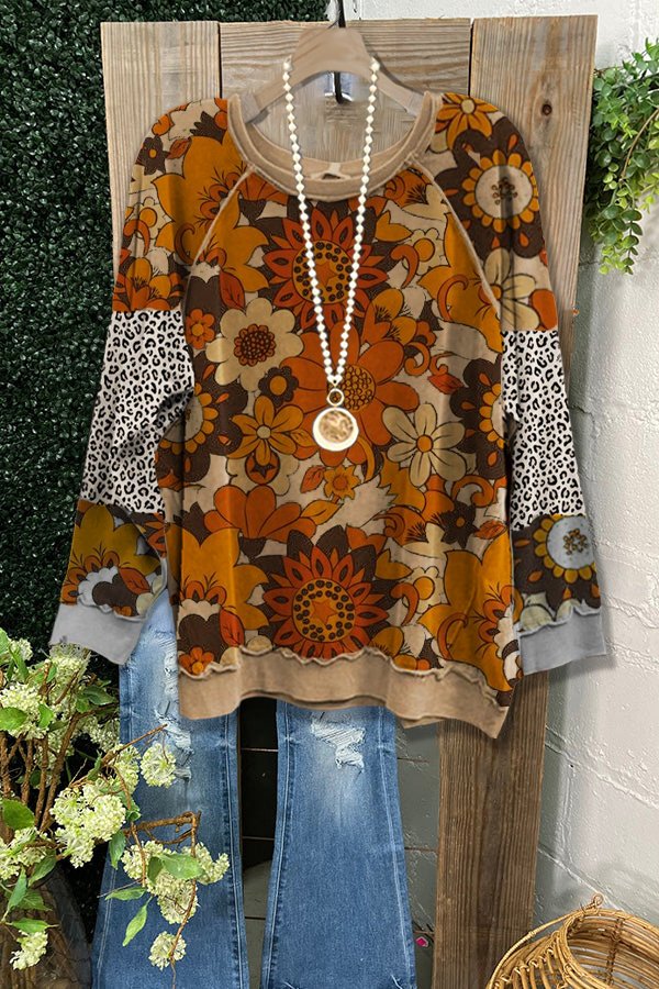 Vintage Floral Print Panel Leopard Sleeve Sweatshirt