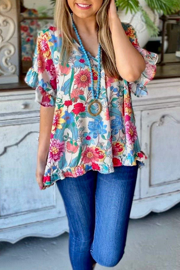 Romantic Floral Comfort Top - Ruffle Sleeves