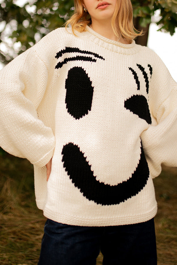 FEEL GOOD KNIT COLORFUL SMILEY FACE LOOSE PULLOVER SWEATER