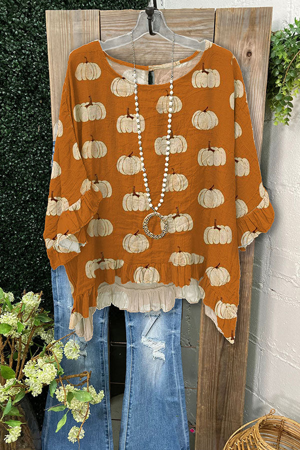 Loose Pumpkin Print Ruffled Pleated Top