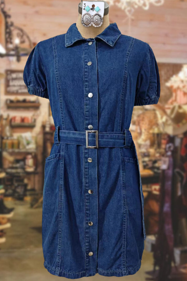 Washed Belted Denim Midi Dress