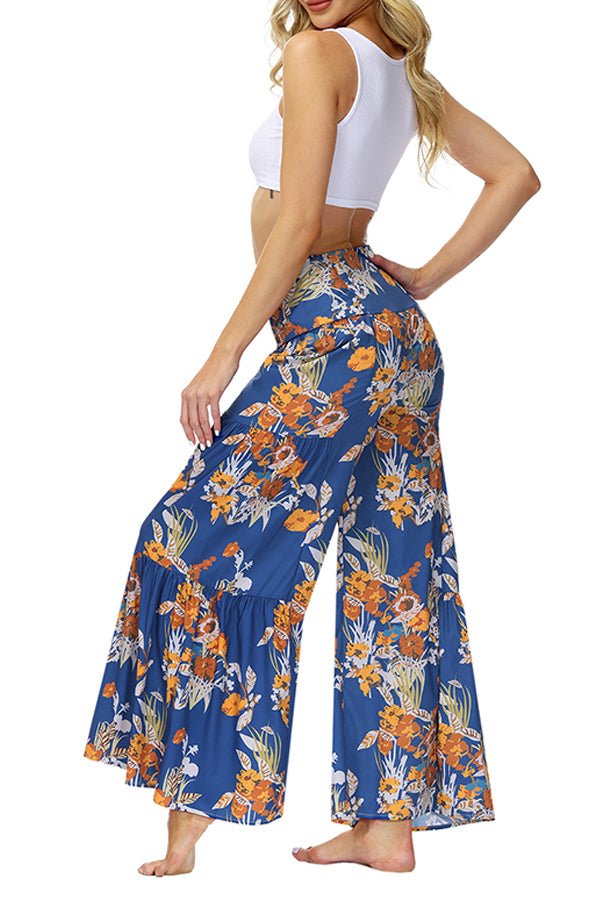 Printed Women's Loose Beach Wide Leg Lace-up Trousers