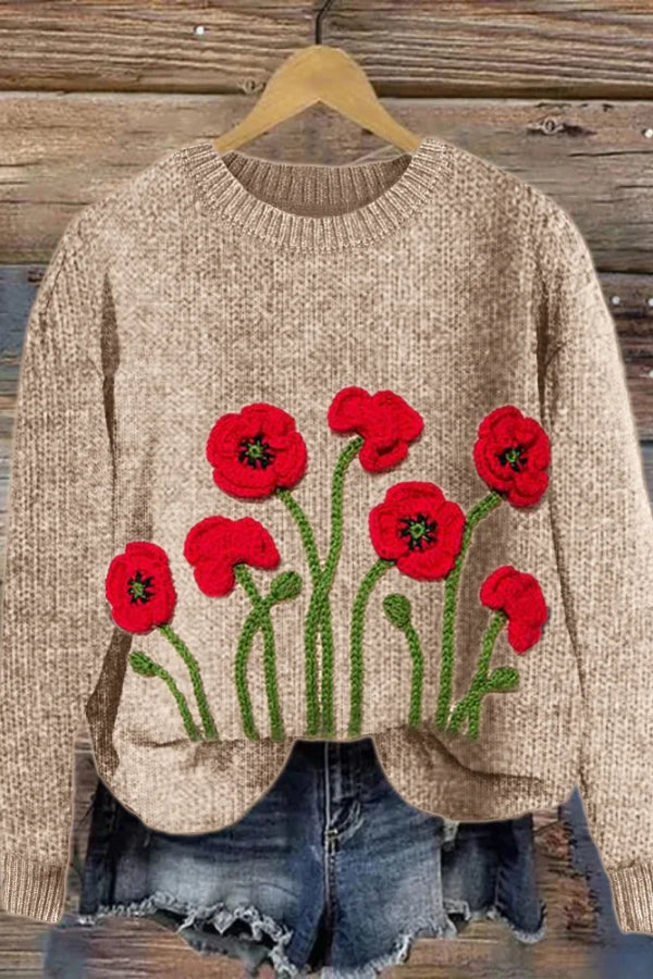 Poppy Flowers Crochet Art Cozy Knit Sweater