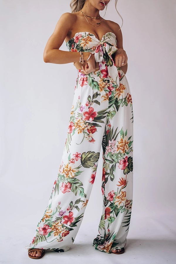 Boho Print Tube Top Wide Leg Pants Two-piece Suit