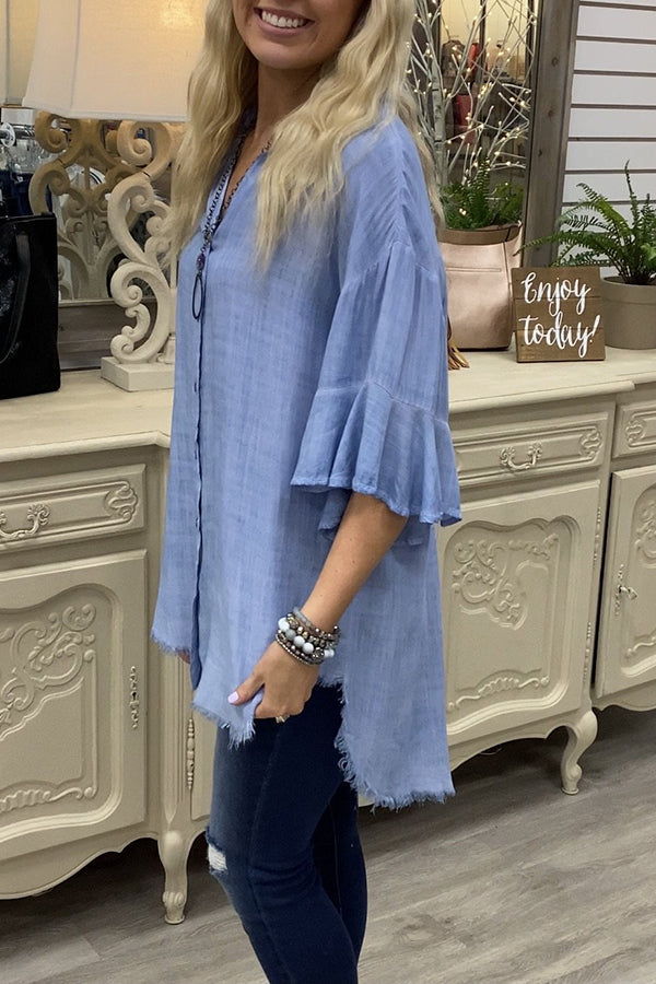 Washed Distressed Brushed Ruffle Sleeve Shirt