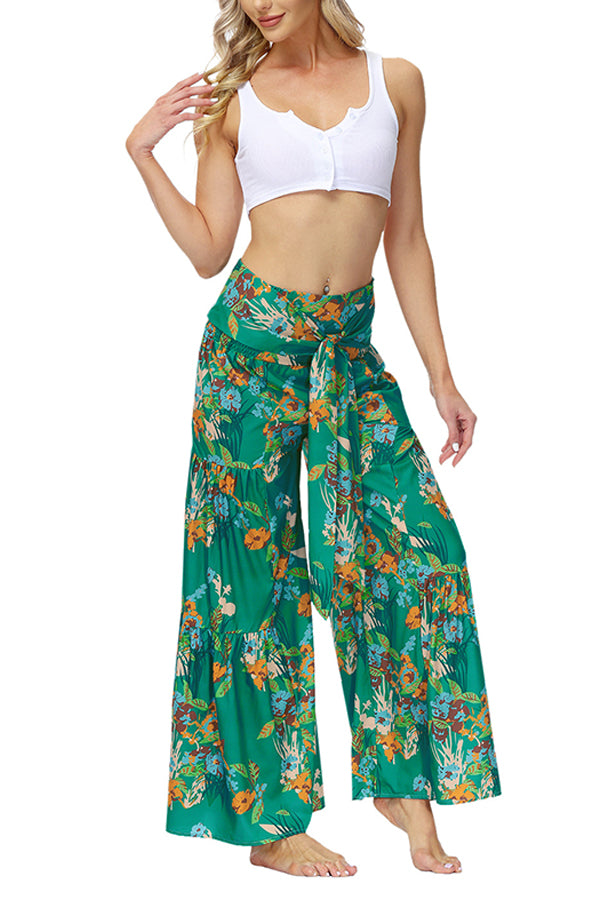 Printed Women's Loose Beach Wide Leg Lace-up Trousers