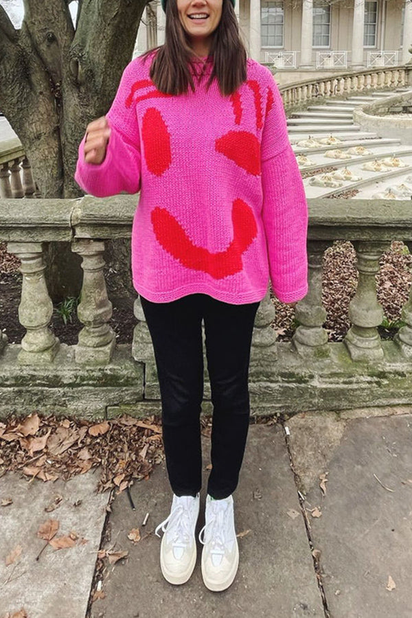 FEEL GOOD KNIT COLORFUL SMILEY FACE LOOSE PULLOVER SWEATER