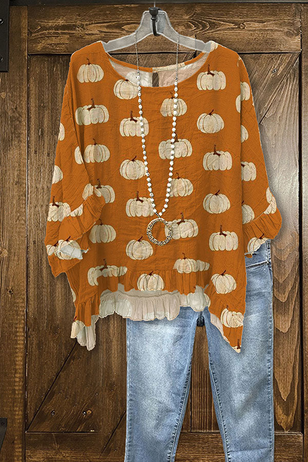 Loose Pumpkin Print Ruffled Pleated Top