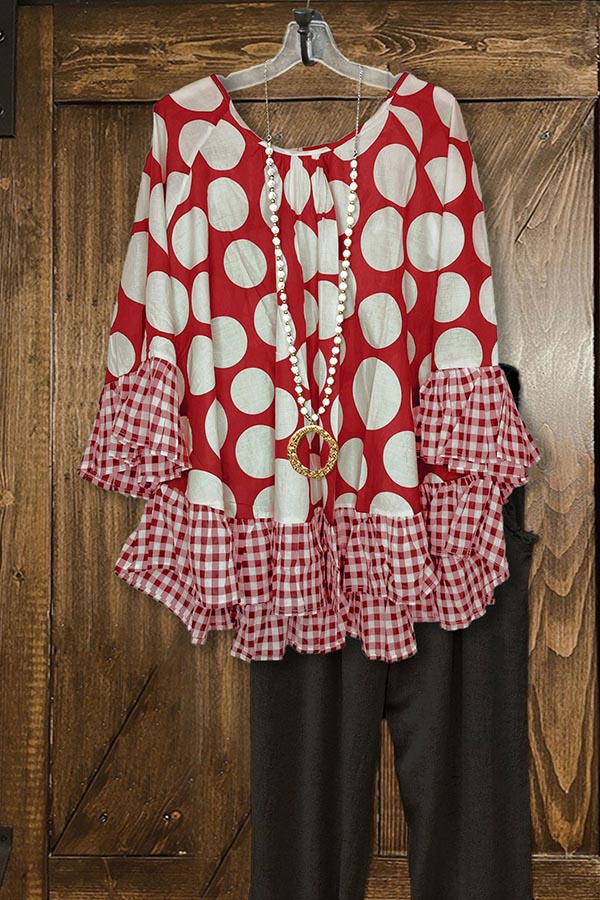 Polka Dot Paneled Plaid Ruffle Loose Top