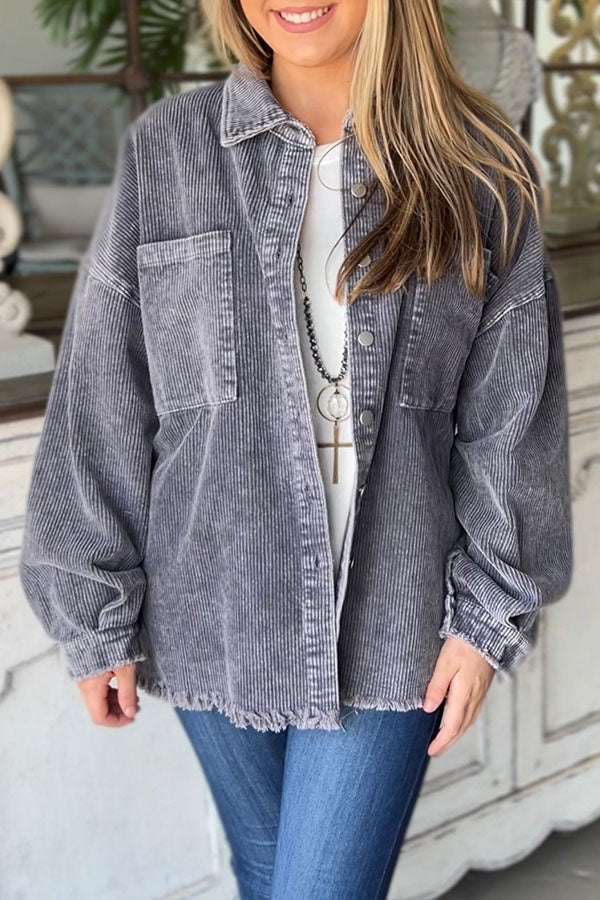 Grey Corduroy Frayed Hem Jacket