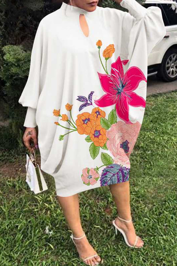 Robe à imprimé tendance, col roulé, manches longues, grande taille