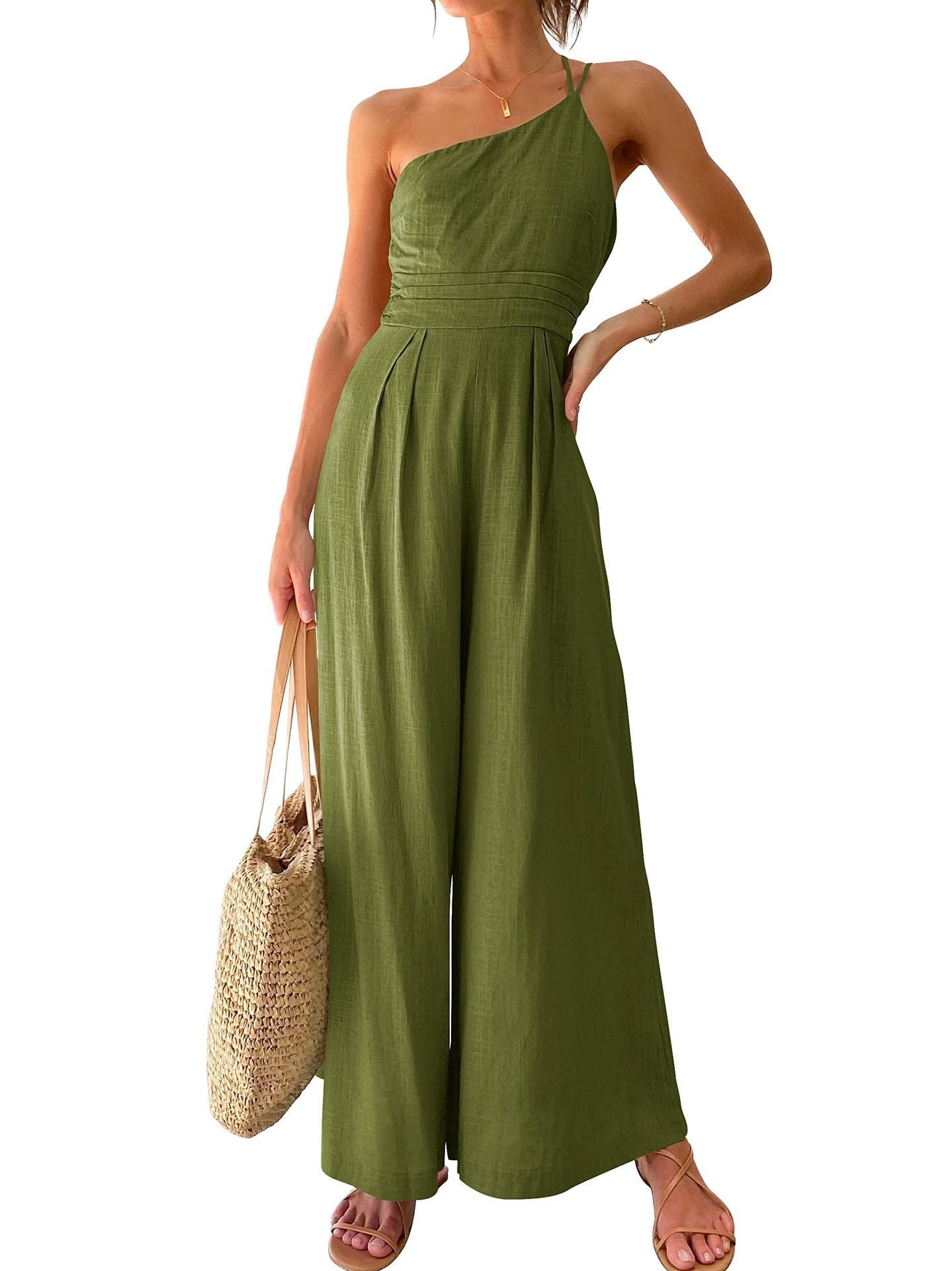 Sexy Sling Waist Pocket Straight Sleeveless Jumpsuit