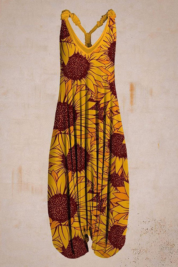 Women Vintage Sunflower Sleeveless Harem Jumpsuit