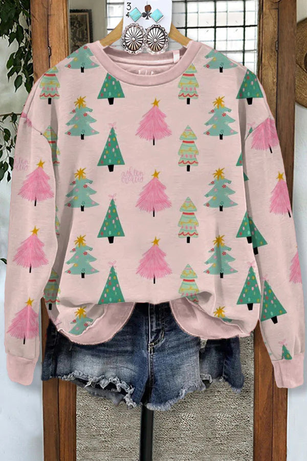 Casual Christmas Tree Print Crew Neck Sweatshirt