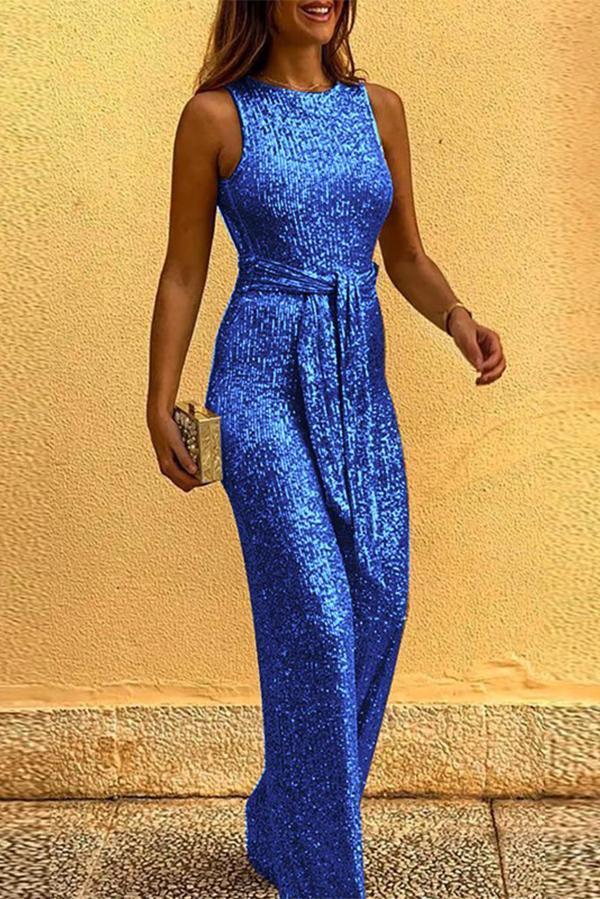 Round Neck Sleeveless Sequin Jumpsuit