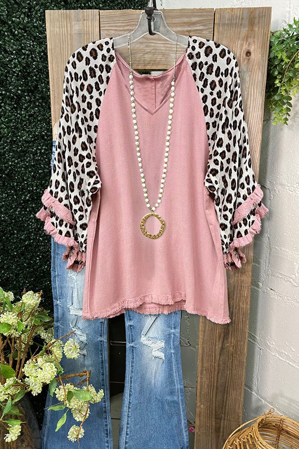 Leopard Print Paneled Cotton Blend Frayed Top