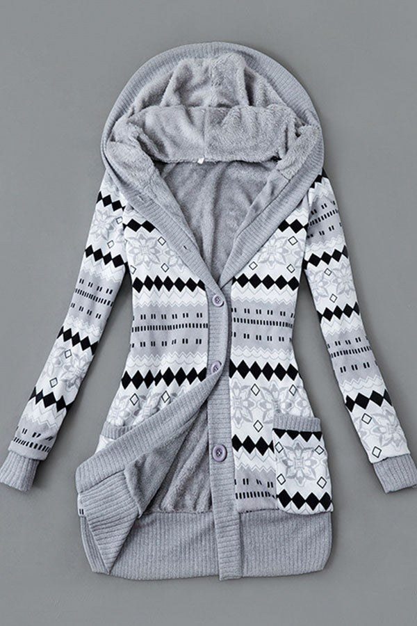 Printed Hooded Fleece-Lined Sweater Jacket