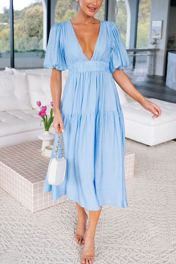 Sunshine Villa Puff Sleeve Elastic Waist Midi Dress