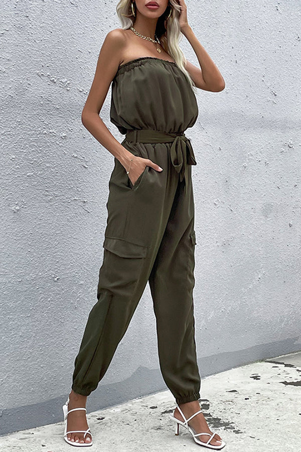 Summer off Shoulder Straight Long Jumpsuit with Belt