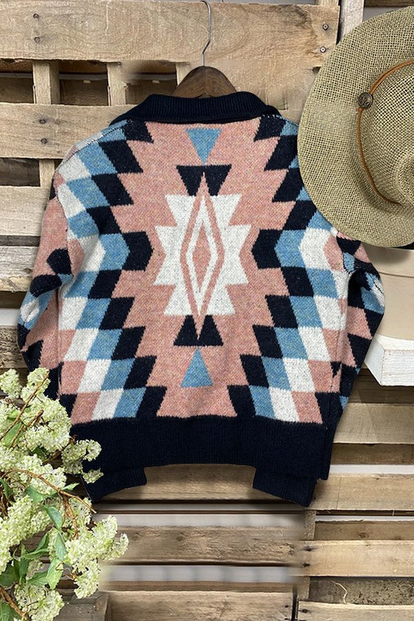 Turtleneck Half-zip Geometric Pattern Sweater