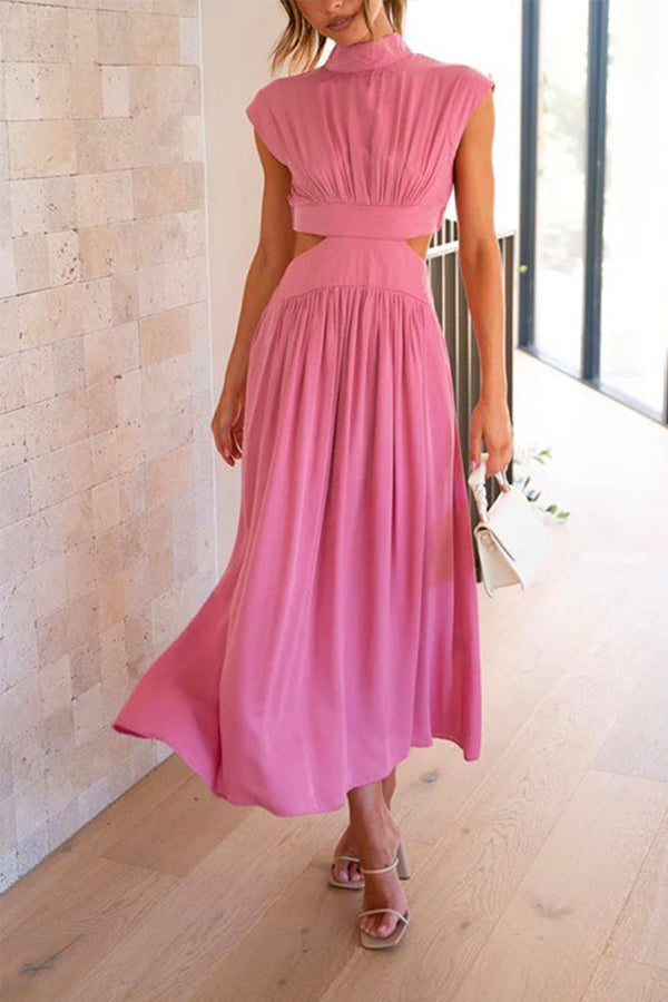 Solid Mockneck Cut Out Maxi A-line Swing Dress